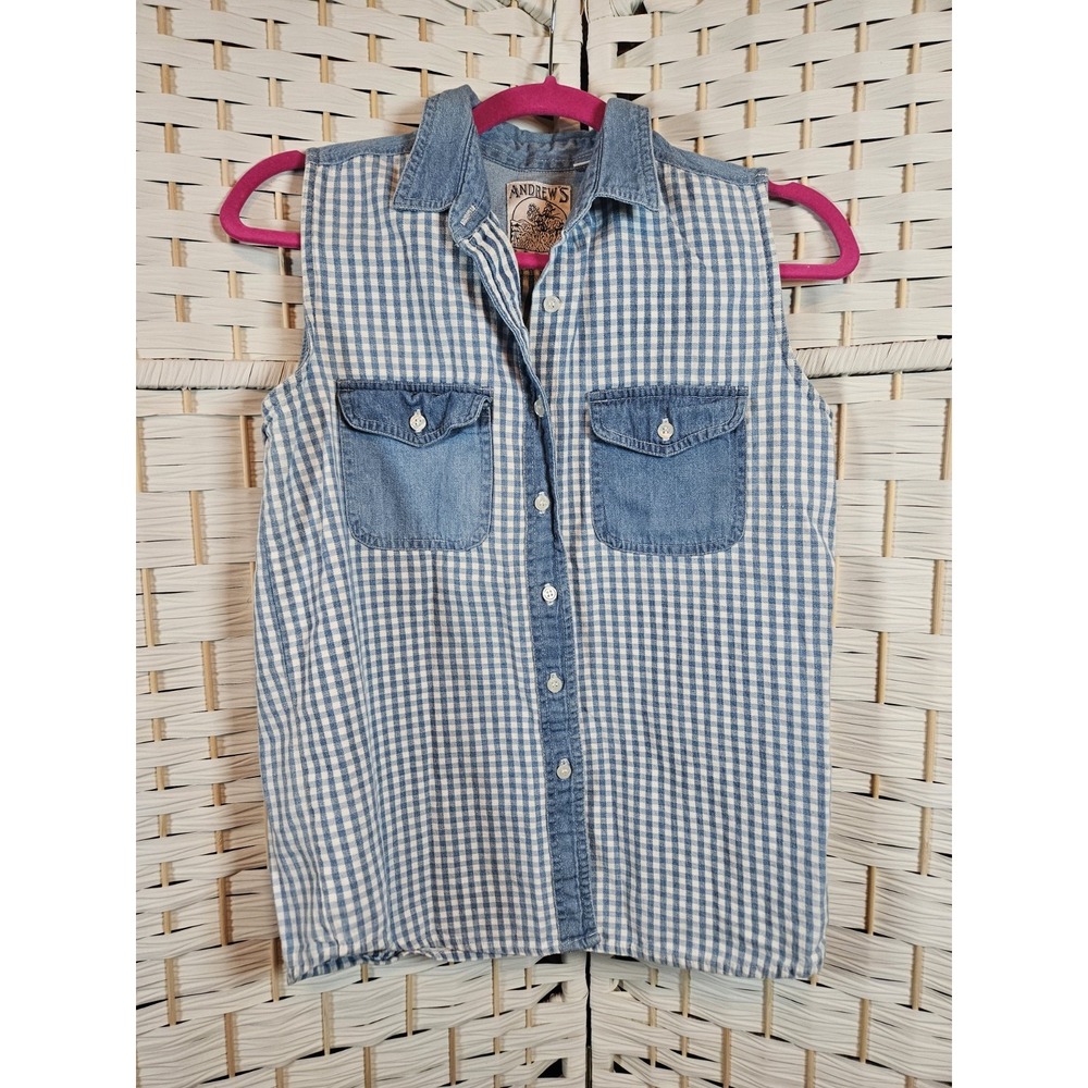 Andrews Girls XL‎ Denim Gingham Sleeveless Top Casual Western